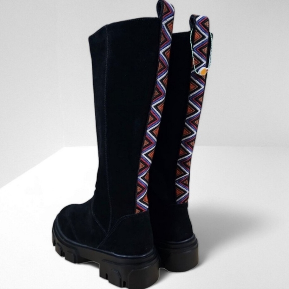 NEW Farm Rio Long Suede Combat Boot Size 7 Black Vegan Leather Platform Boho - Picture 1 of 13